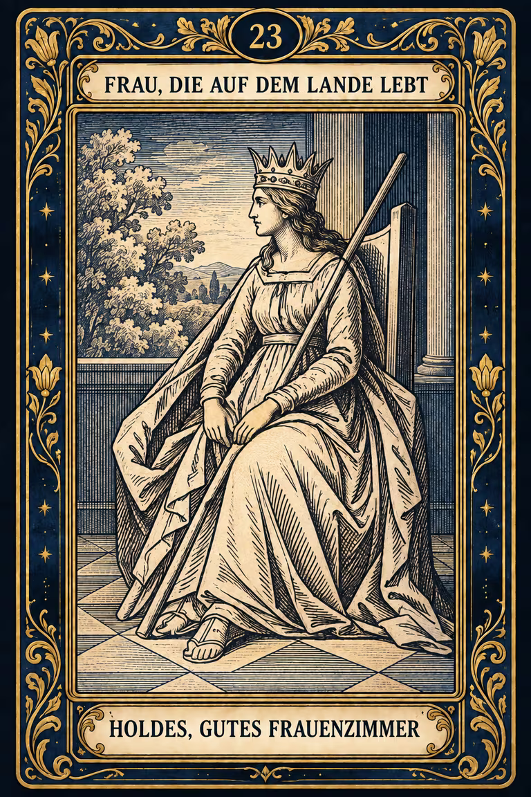 Grand Etteilla 1857 Karte 23: Frau, die auf dem Lande lebt / Holdes, gutes Frauenzimmer, moderne Rekonstruktion