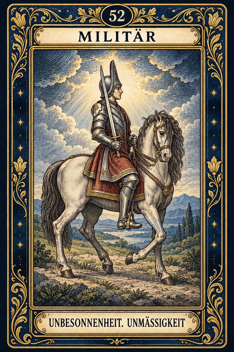 Grand Etteilla 1857 Karte 52: Militär / Unbesonnenheit. Unmäßigkeit, moderne Rekonstruktion
