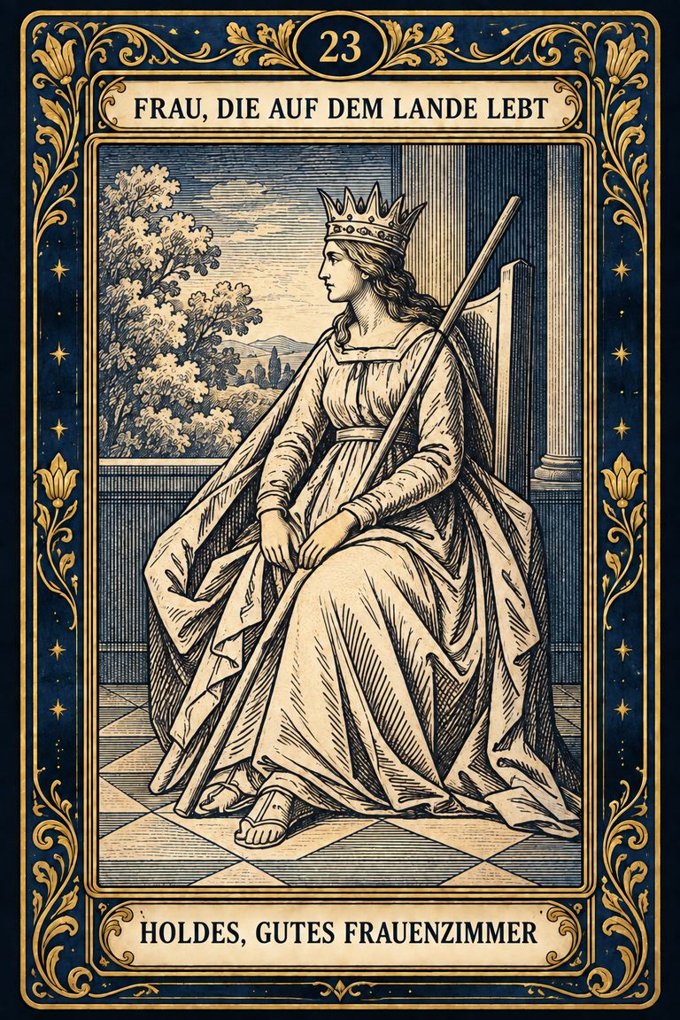 Grand Etteilla 1857 Karte 23: Frau, die auf dem Lande lebt / Holdes, gutes Frauenzimmer, moderne Rekonstruktion