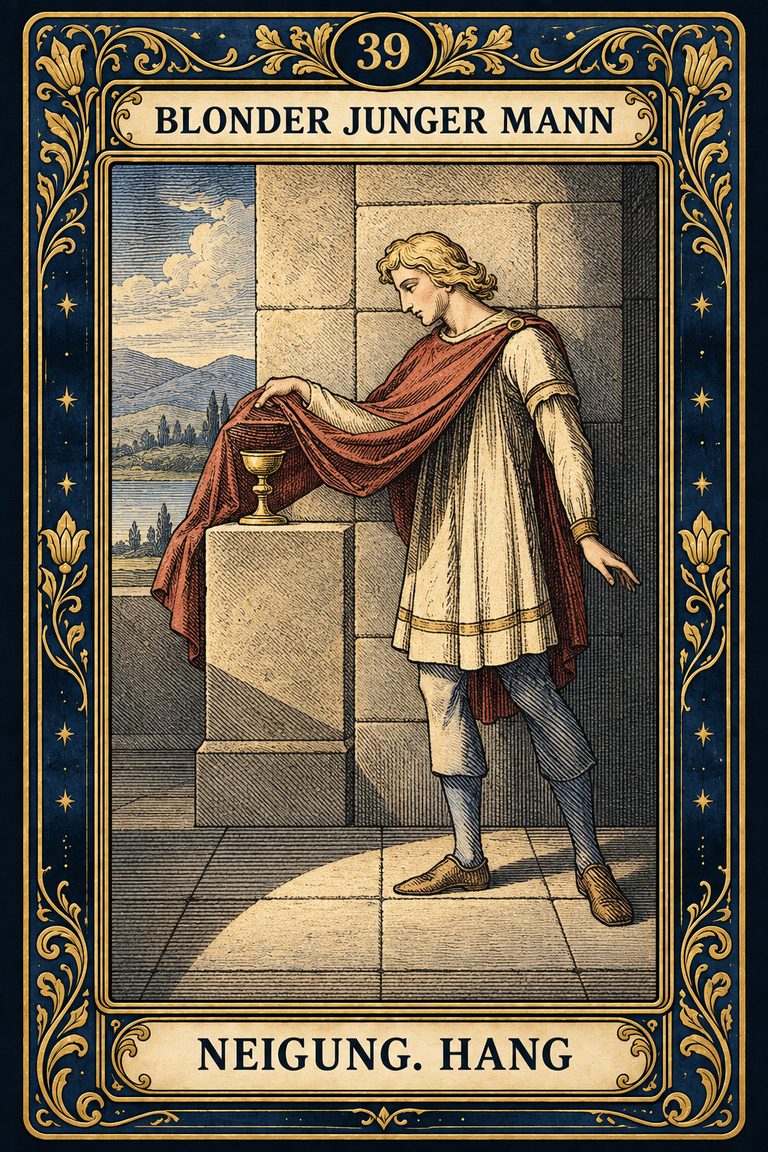 Grand Etteilla 1857 Karte 39: Blonder junger Mann / Neigung. Hang, moderne Rekonstruktion