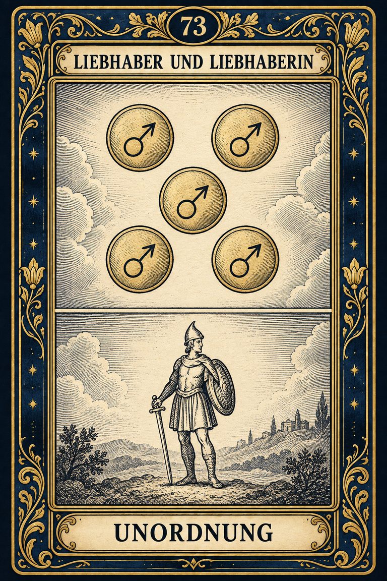 Grand Etteilla 1857 Karte 73: Liebhaber und Liebhaberin / Unordnung, moderne Rekonstruktion